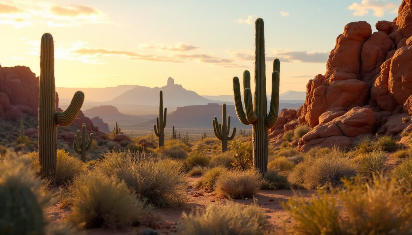 AI generated: Estilo western, en el desierto al atardecer. Hay cactus. I want a long distance view of the desert
