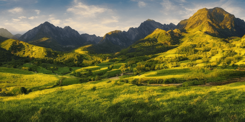 AI generated: a beautiful green landscape, stunning light, breathtaking, golden sun, promised land, mountainrange ...