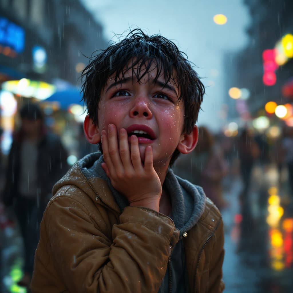 AI generated: Hyper realistic full body image of a 12 years old boy crying. Weather should be raining and the back...
