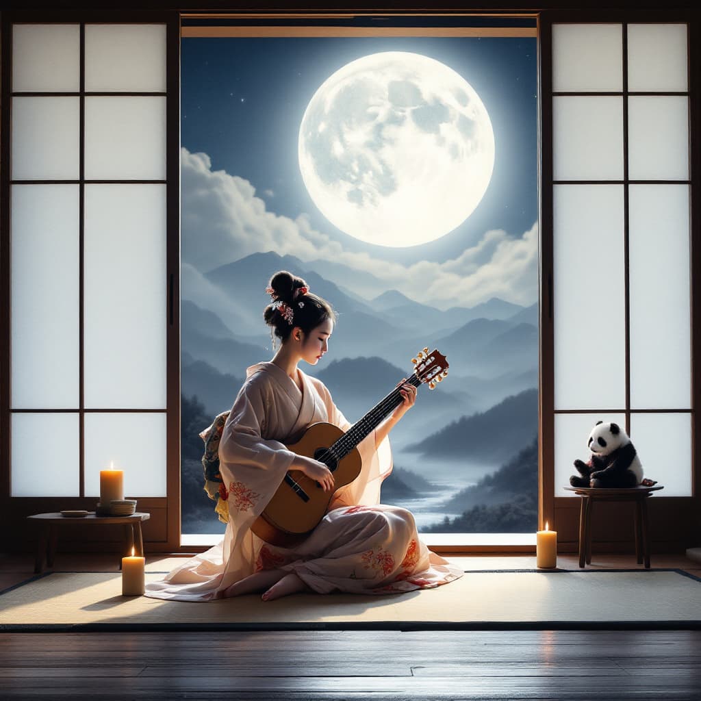 AI generated: Full body view of a traditional Japanese geisha playing a shamisen (Japanese guitar) in a quiet wood...