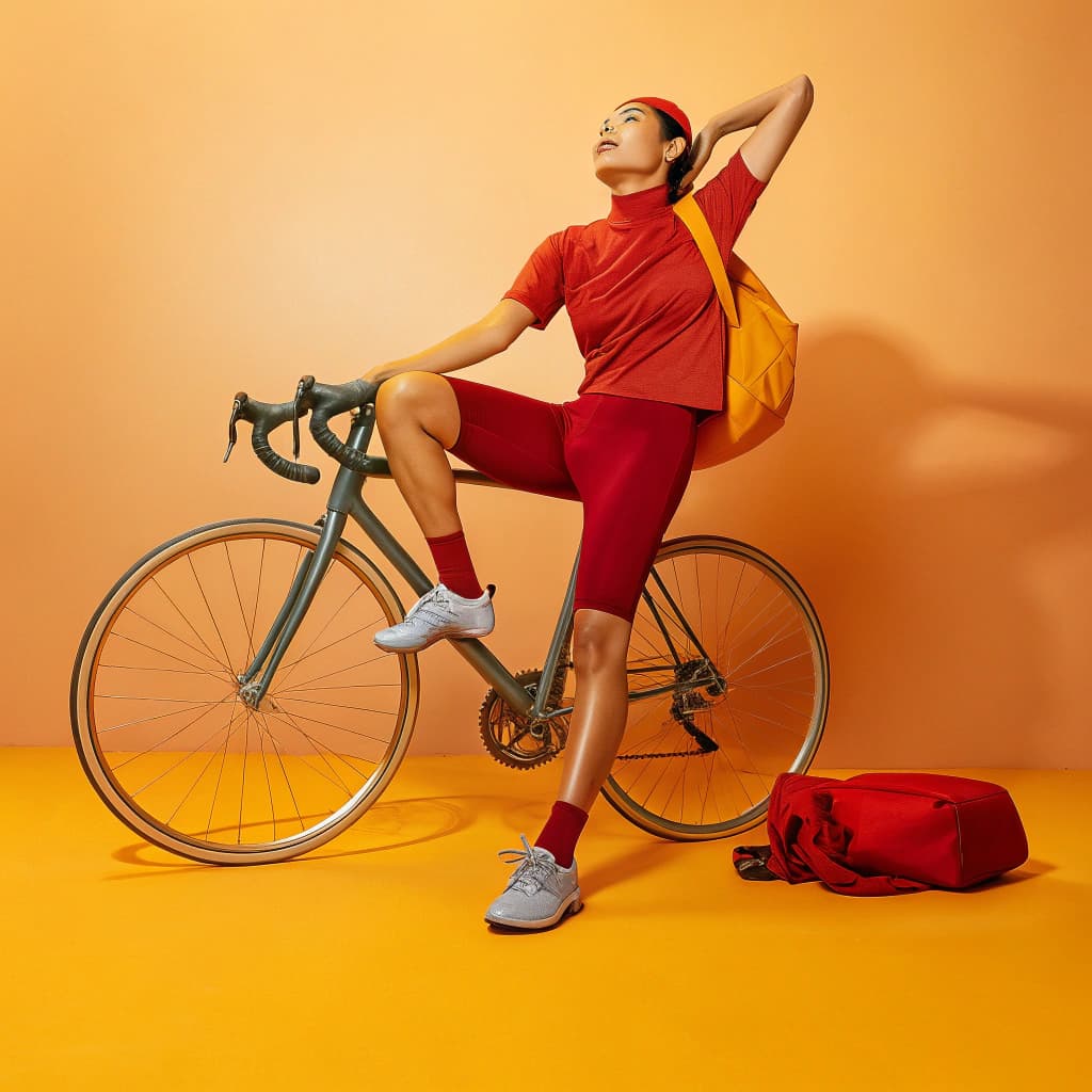 AI generated: beautiful asian cyclist striping out of her lycra
