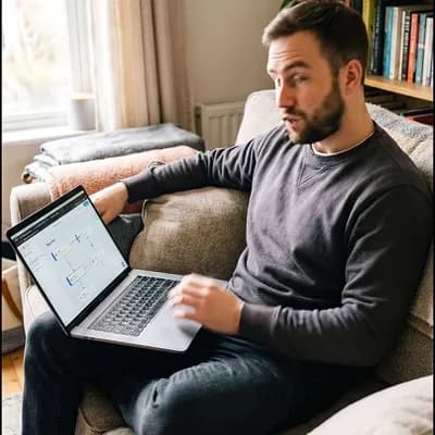 AI generated video: Realistic smartphone-style photo of a North American man in his early 30s sitting casually on a sofa...