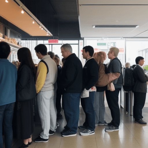 AI generated: unhappy customers waiting in a line