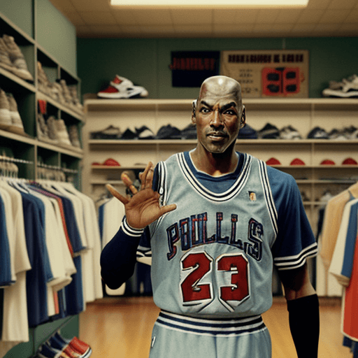 AI generated: Micheal Jordan in a sports vintage store with hands out