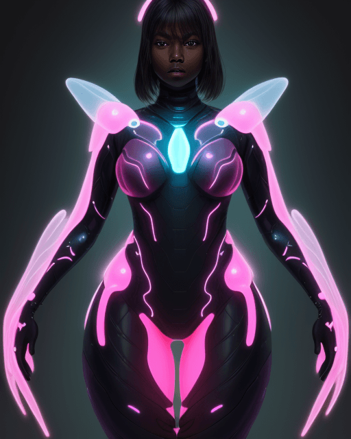 AI generated: dark skin, bioluminescence, female adult, pink, thick thighs, tech suit