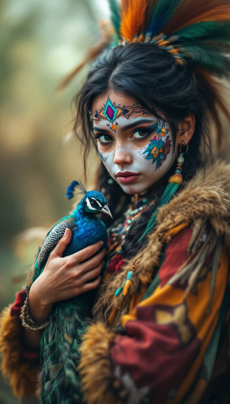 AI generated: a native american indian, with very
colorful clothes, wild style girl 4k.
holding in her arms a baby...