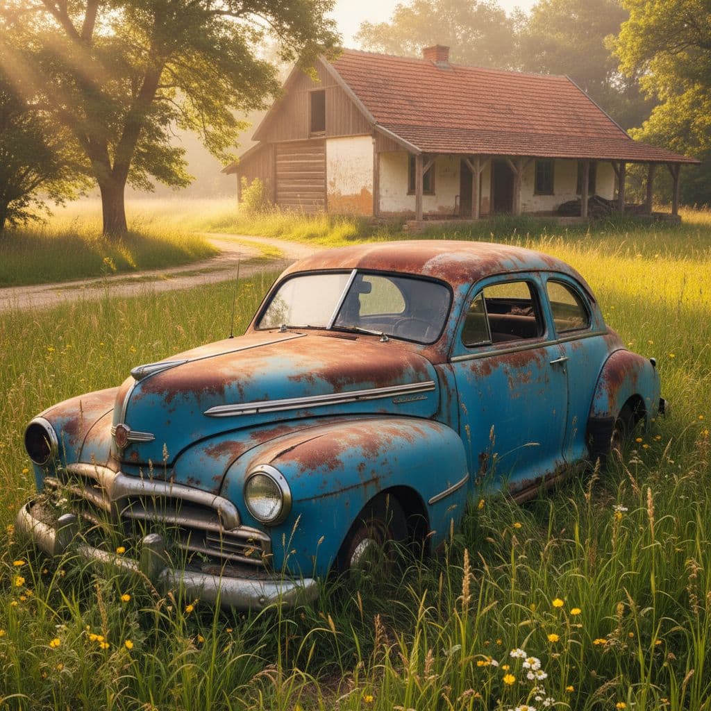 AI generated: A realistic photo of vintage, rusted blue car, positioned prominently in an overgrown grassy area, e...