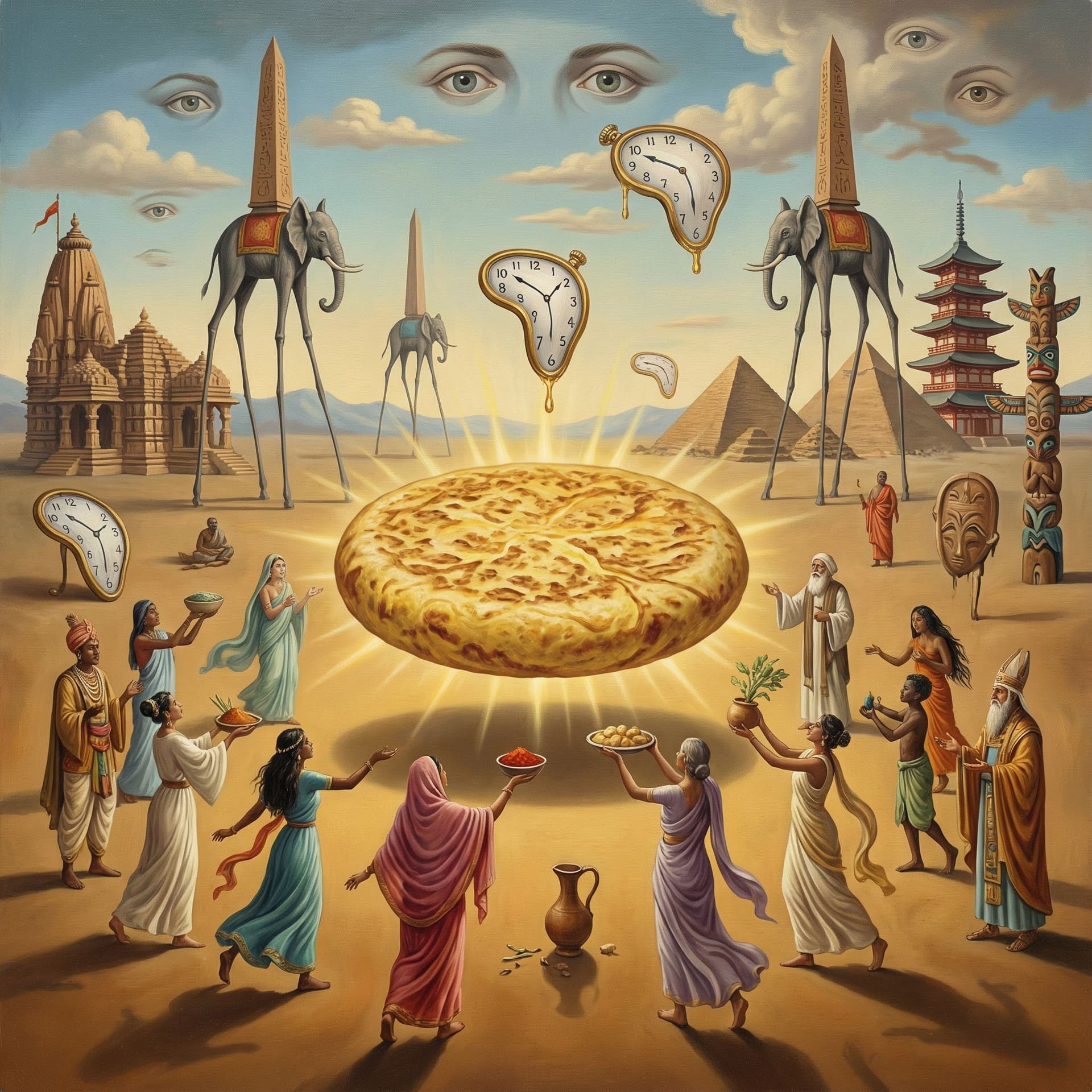 AI generated: un mundo estilo dali surrealismo, en el que se muestran muchas partes del mundo culturas etérea conv...