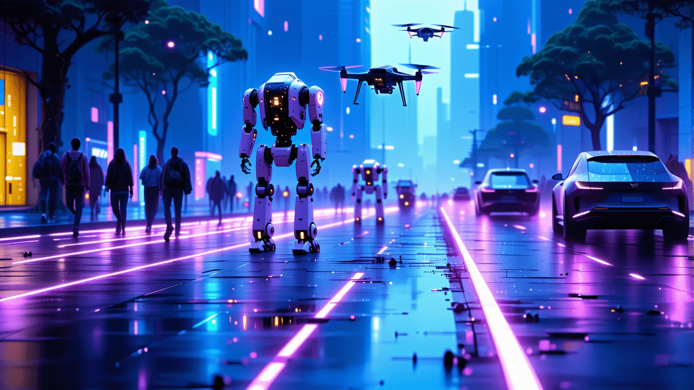 AI generated: A futuristic cityscape illuminated by neon blue and purple lights, featuring AI-powered autonomous r...