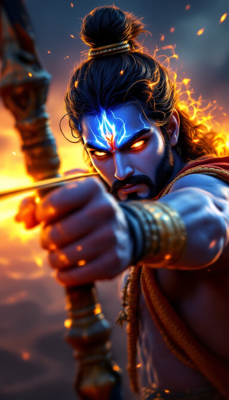 AI generated: "Modern digital art of Lord Ram aiming his bow with an electrifying aura, fire in his eyes, dramatic...