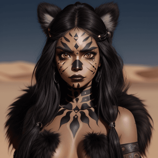 AI generated: a warrior princess in a desert, with black face paint, dark black long hair, brown big eyes, outfit ...