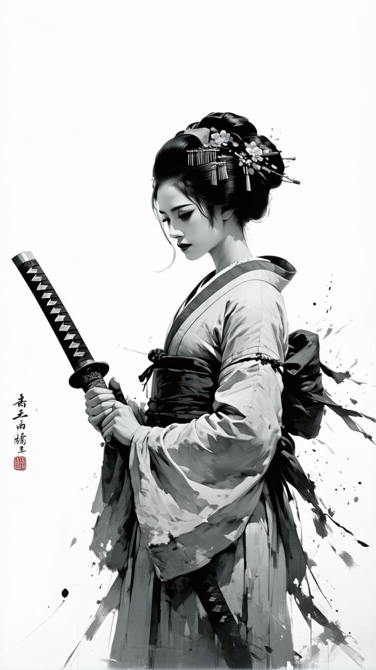 AI generated: beautiful geisha holding a sword, in the style of a traditional Japanese artist, thick consistent li...