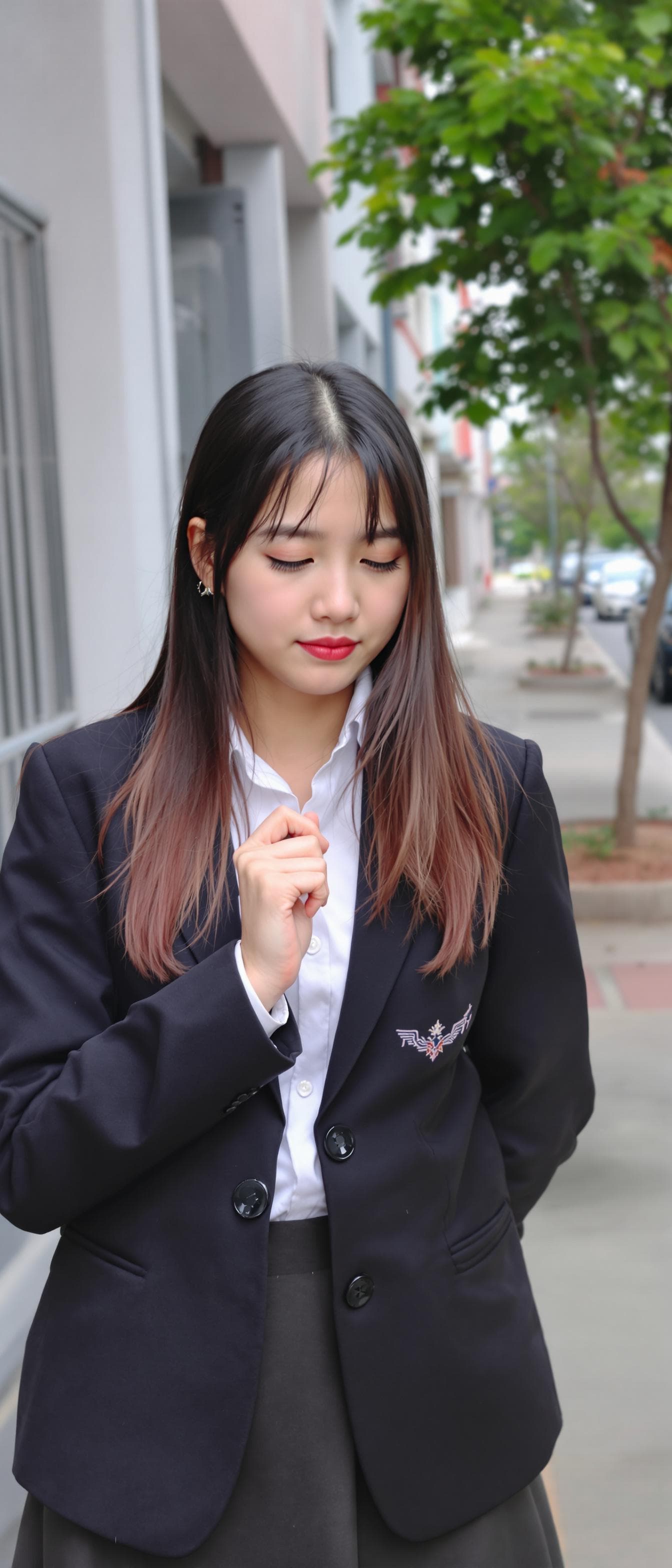 AI generated: a girl, wearing a school uniform, suit jacket, white shirt, black skirt,  sidewalk, building backgro...
