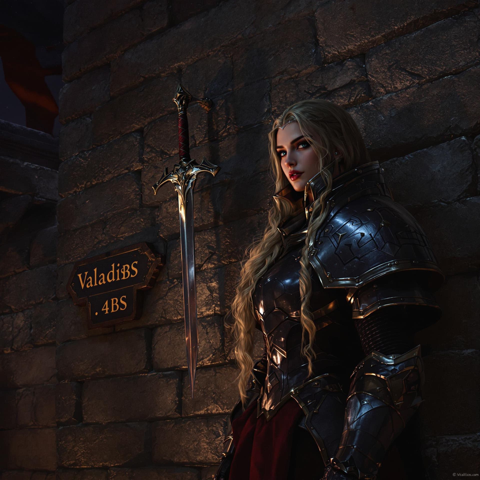 AI generated: castle wall background night, league of legend Leona, real looking, heavy armor, sword Point down ha...