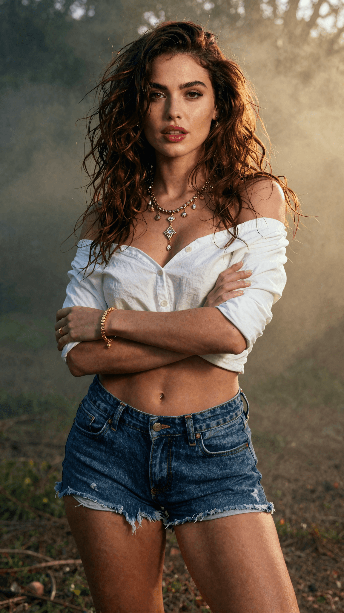 AI generated: A striking young woman with wavy, messy chestnut hair cascading down her bare shoulders, wearing a c...