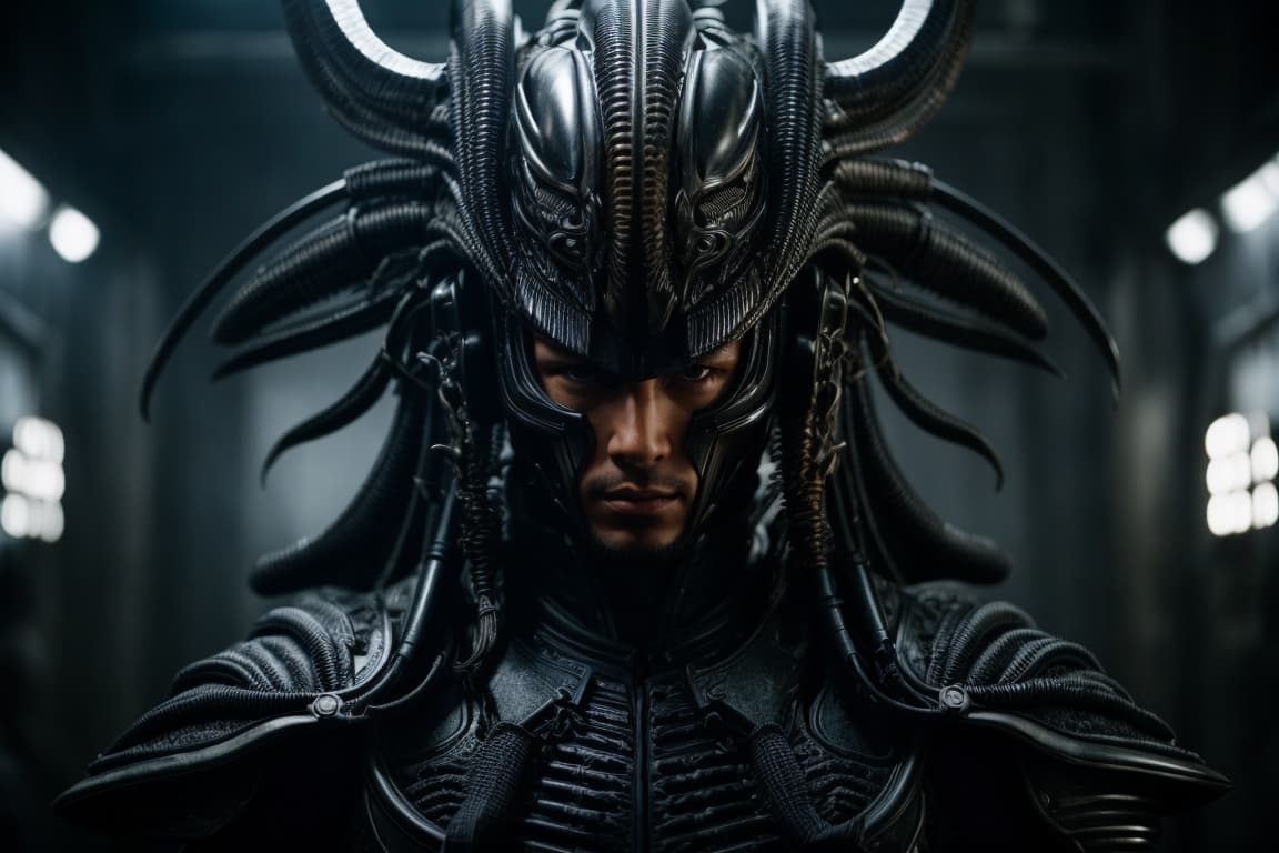 AI generated: HR Giger's verision of a samurai warrior alien xenomorph, full body, intricate,  cinematic lighting,...