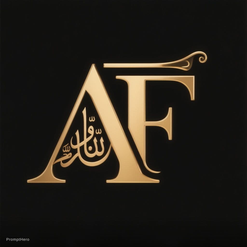 AI generated: Minimal luxury monogram logo "AF", inspired by Arabic calligraphy, gold metallic finish, black backg...