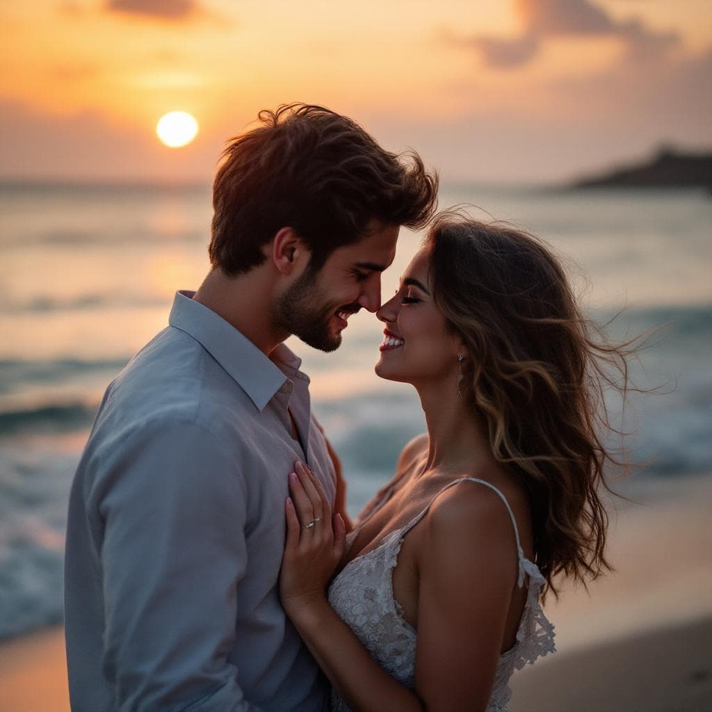 AI generated: A photograph of a couple caught in a loving moment with a scenic beach sunset as the background cont...