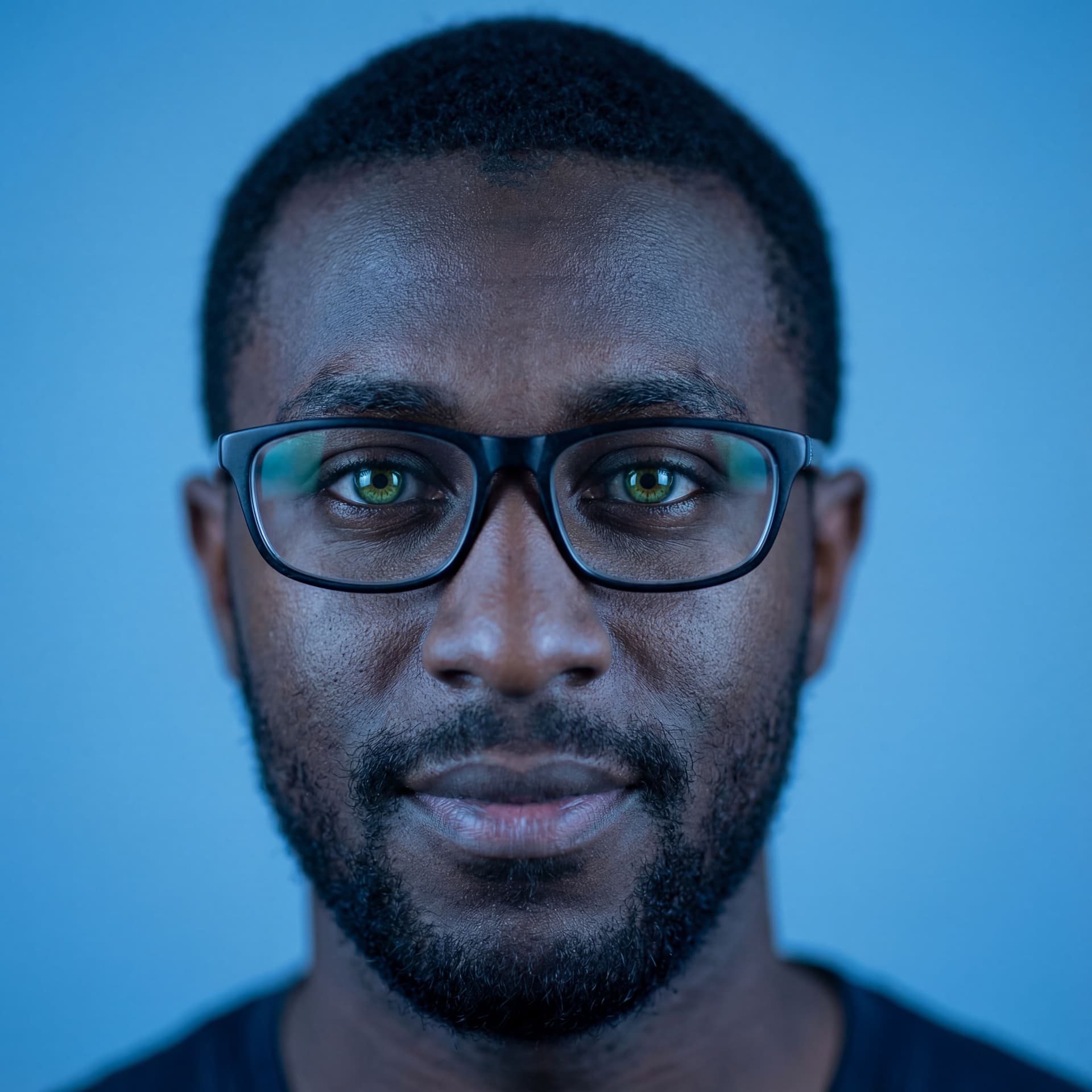 AI generated: photography,  blue hue, black man model, solid blue backdrop, green eyes detailing, using a camera s...