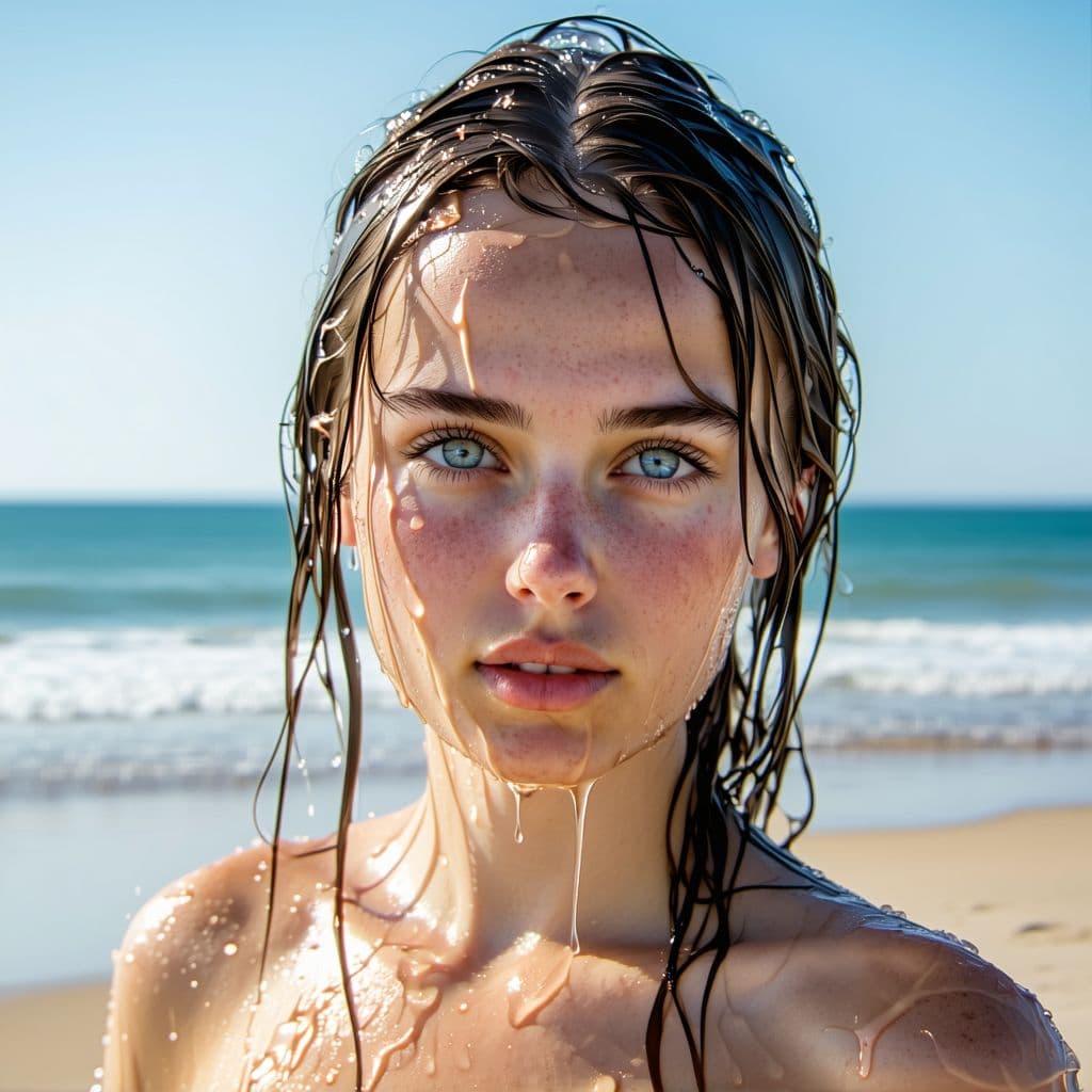 AI generated: 20 years old, brunette, light blue eyes, photorealistic, looking at the camera, standing, droplets o...