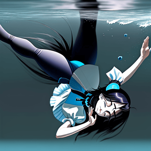 AI generated: alice but facing upward, her hairs are covering her face,
there is a movement impression of her fall...