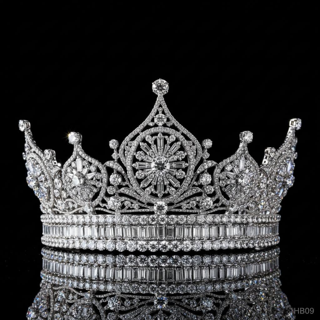 AI generated: Create a diamond-encrusted crown.
Insert a very small watermark "HB09" at the bottom of the photo.