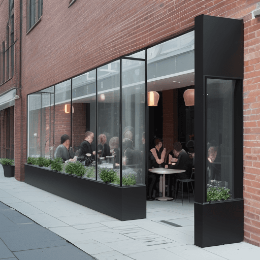 AI generated: Design a modern and minimalist cafe facade, focusing on the juxtaposition of weathered bricks and ex...