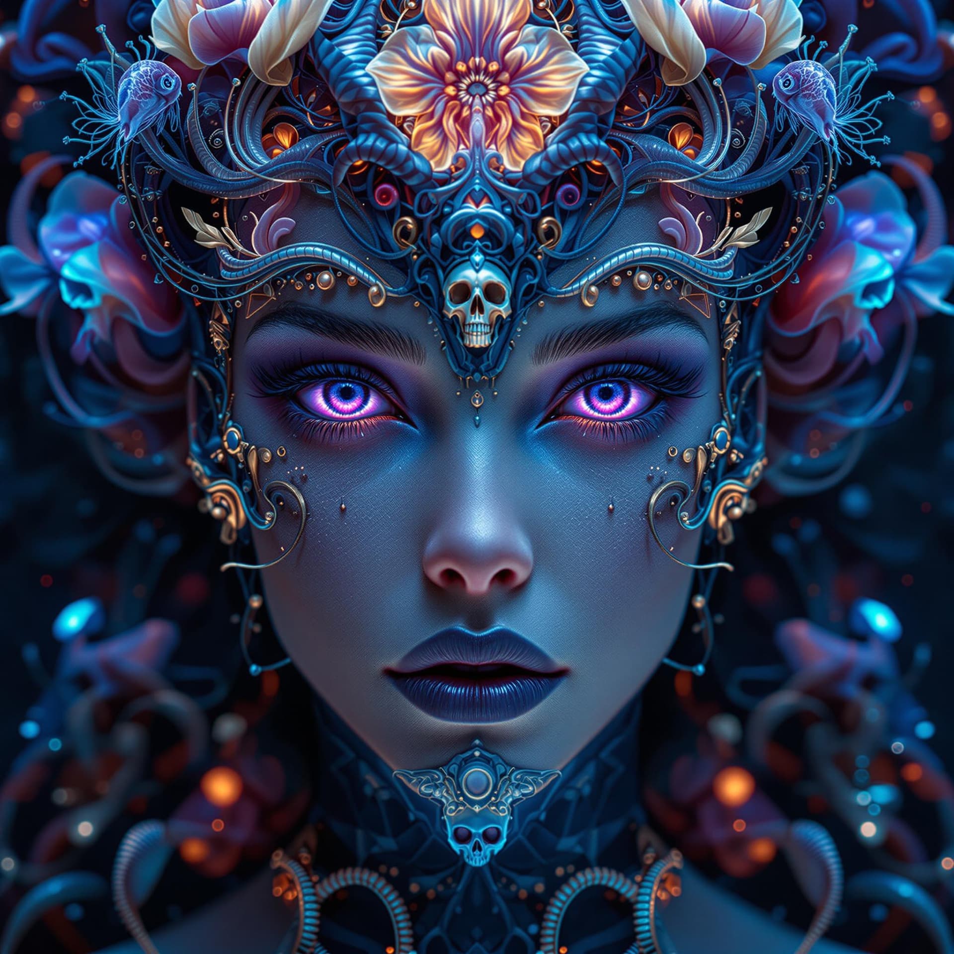 AI generated: Goddess close-up portrait ribcagel. jellyfish phoenix head, nautilus, orchid, skull, betta fish, bio...