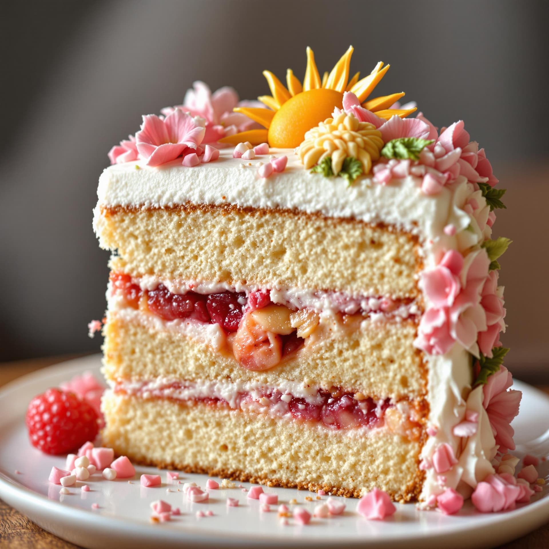 AI generated: Close up photograph of a slice of layered cake with a cherry blossom theme, a layer of fruit filling...