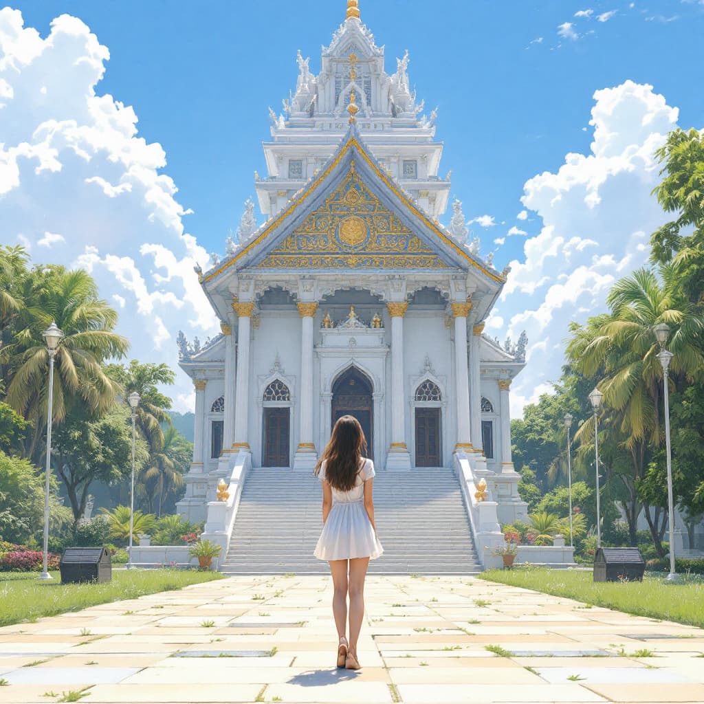 AI generated: beautiful 25yo women standing alone wearing short dress in front of a temple 