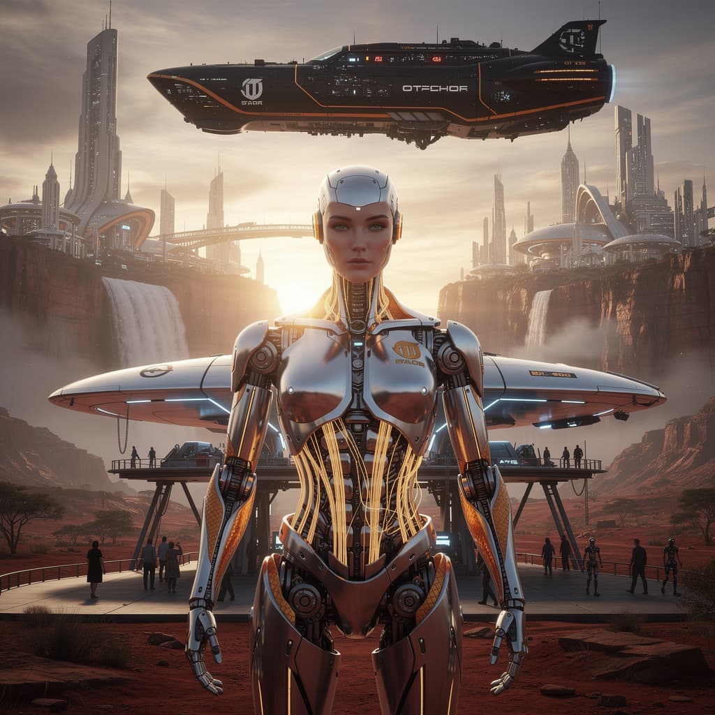 AI generated: Robot in the Northern Territory of Australia, The camera is shot at a wide angle, with rich light de...