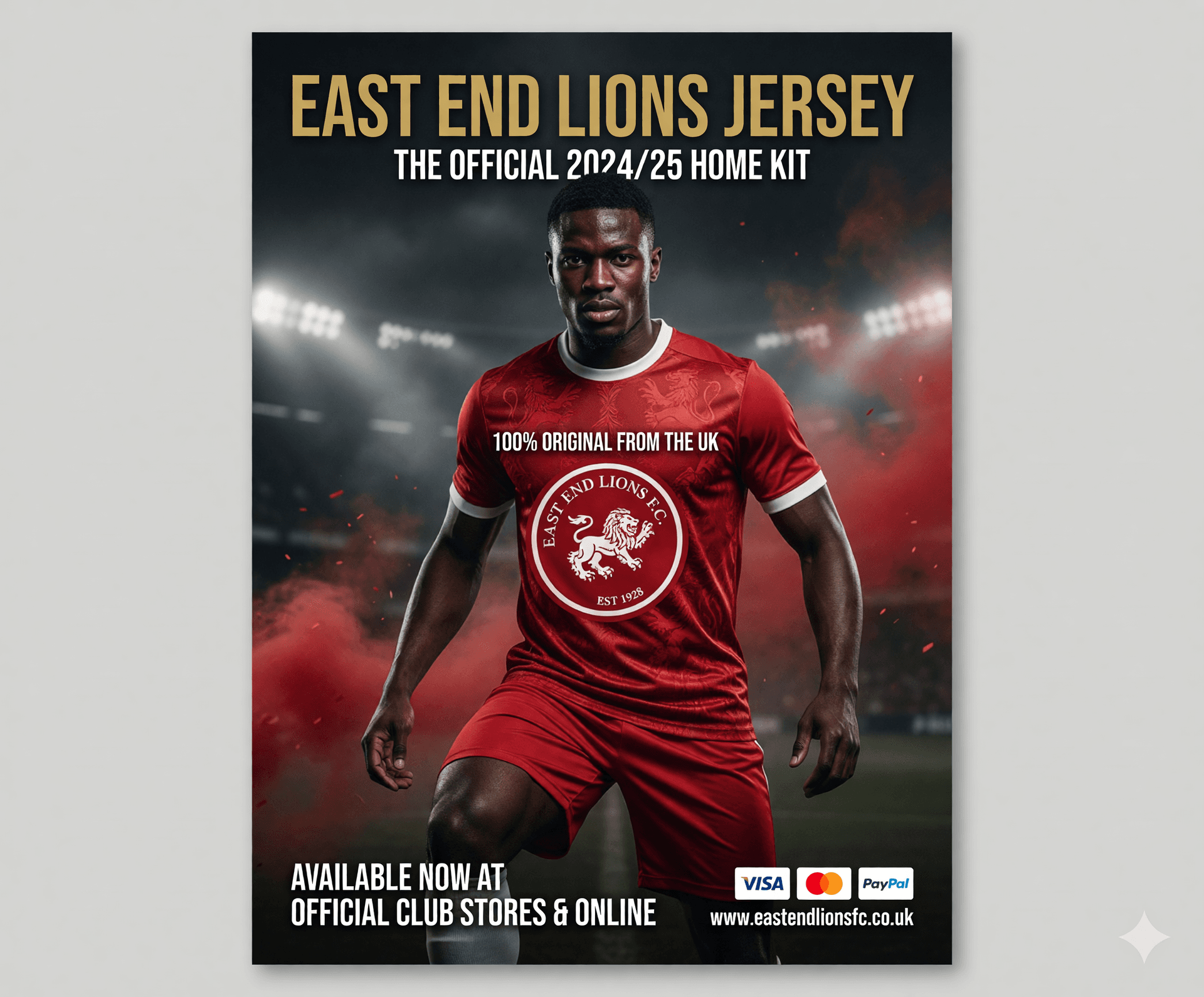 AI generated: 00% Original from the UK . East End Lions Jersey

generate a promotional flyer for the jersey