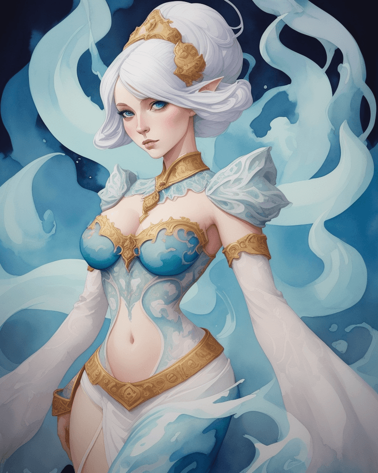 AI generated: Watercolor painting on parchment, a woman wearing an expensive costume, in the style of elemental fo...
