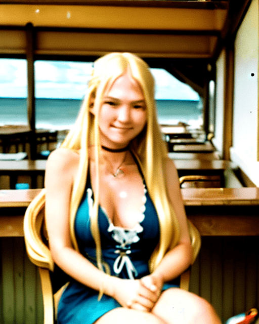 AI generated: a blonde woman with long hair leans on a chair, in the style of social media portraiture, earthcore,...