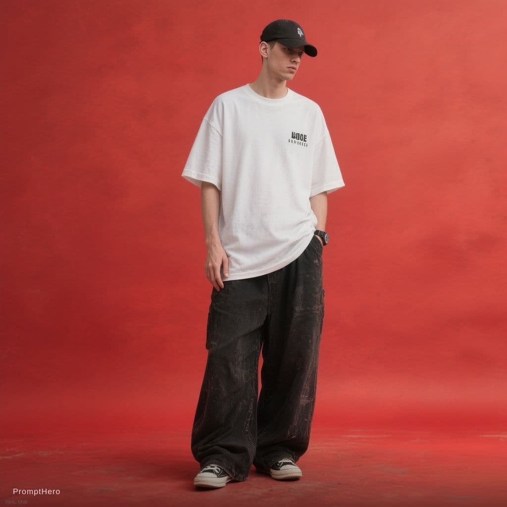 AI generated: capturing a casual yet stylish vibe, a figure in a loose, oversized black street wearing and wide-le...