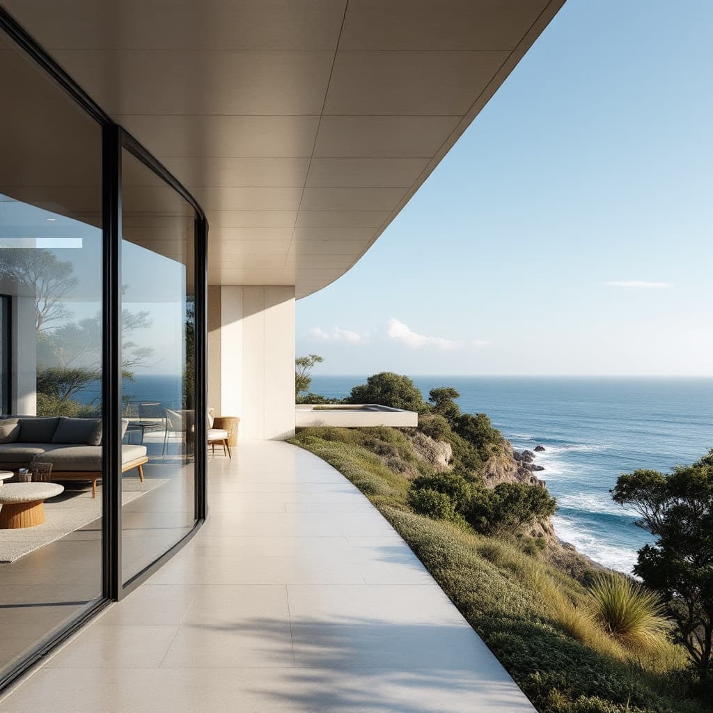 AI generated: Hyper realistic eye level exterior photo of a mid century modern style house overlooking the ocean, ...