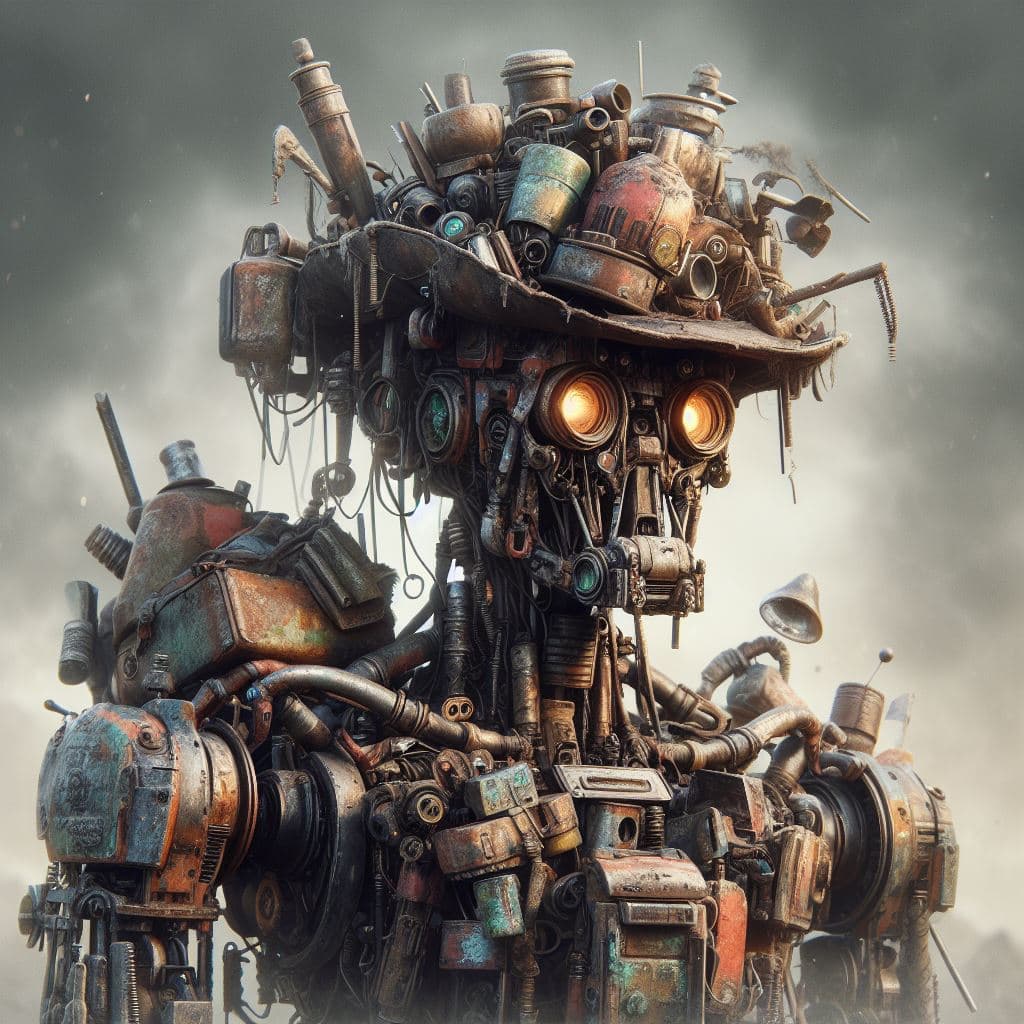 AI generated: In a desolate, post-apocalyptic wasteland, Scrapheap, a resourceful junkbot, constructs marvels from...