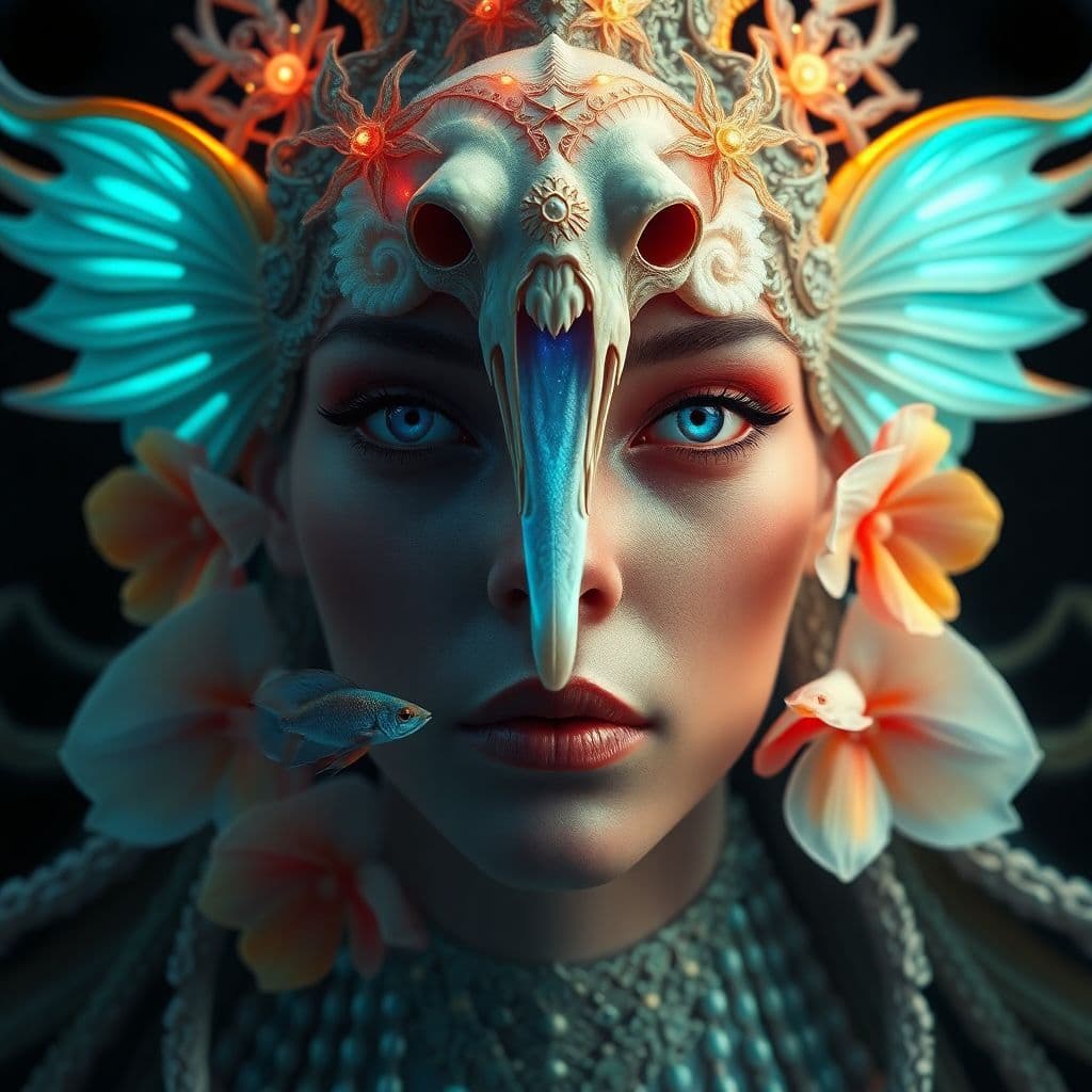 AI generated: Goddess close-up portrait ribcagel. jellyfish phoenix head, nautilus, orchid, skull, betta fish, bio...