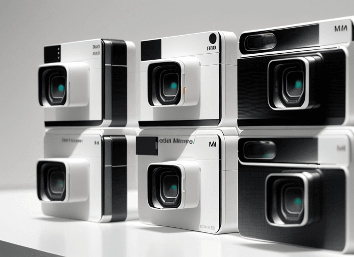 AI generated: Four different slim cameras, arranged on a white surface, front view, photo realistic, highly detail...
