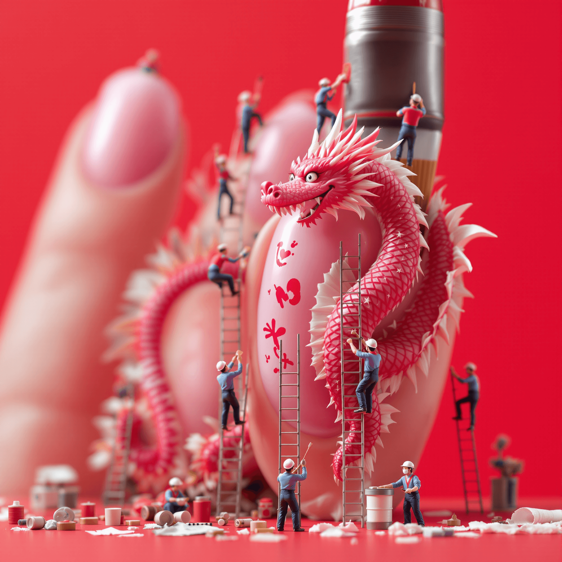AI generated: Tiny miniature workers in uniforms are painting and drawing cute cartoon pink dragon on the fingerna...