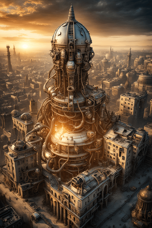 AI generated: Real photo with exceptional golden hour light of  city from Machinarium in Amanita design style ,Gui...