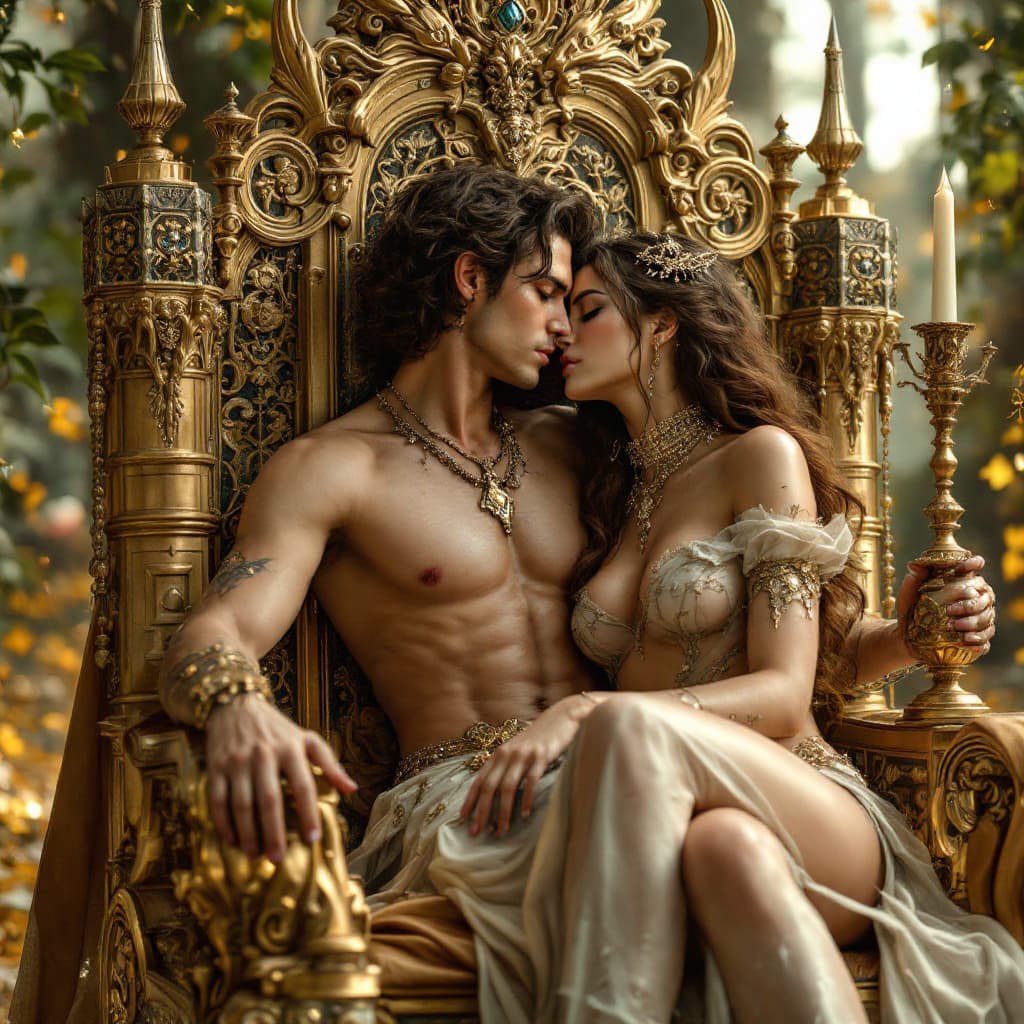 AI generated: Fantasy ,goddess of love and erotic  on a glass,golden throne, epic giant ,intricate details, orname...