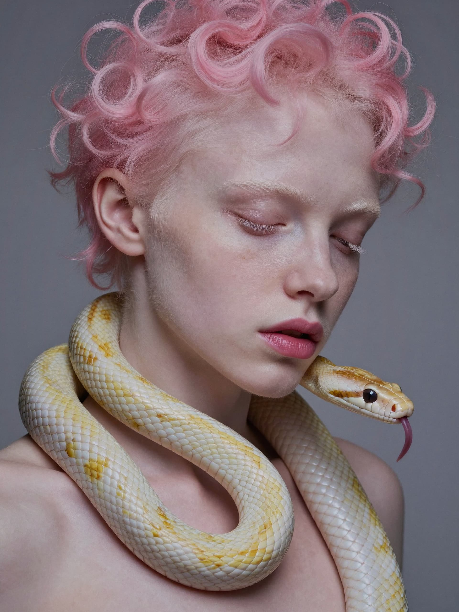 AI generated: A surreal contemporary portrait of an albino individual with translucent pale skin, faint freckles, ...