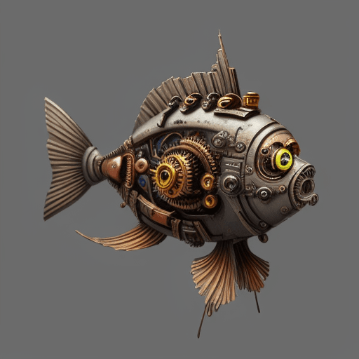 AI generated: robot fish steampunk style, in a sketchy way, mainly grey, red and yellow coloured
