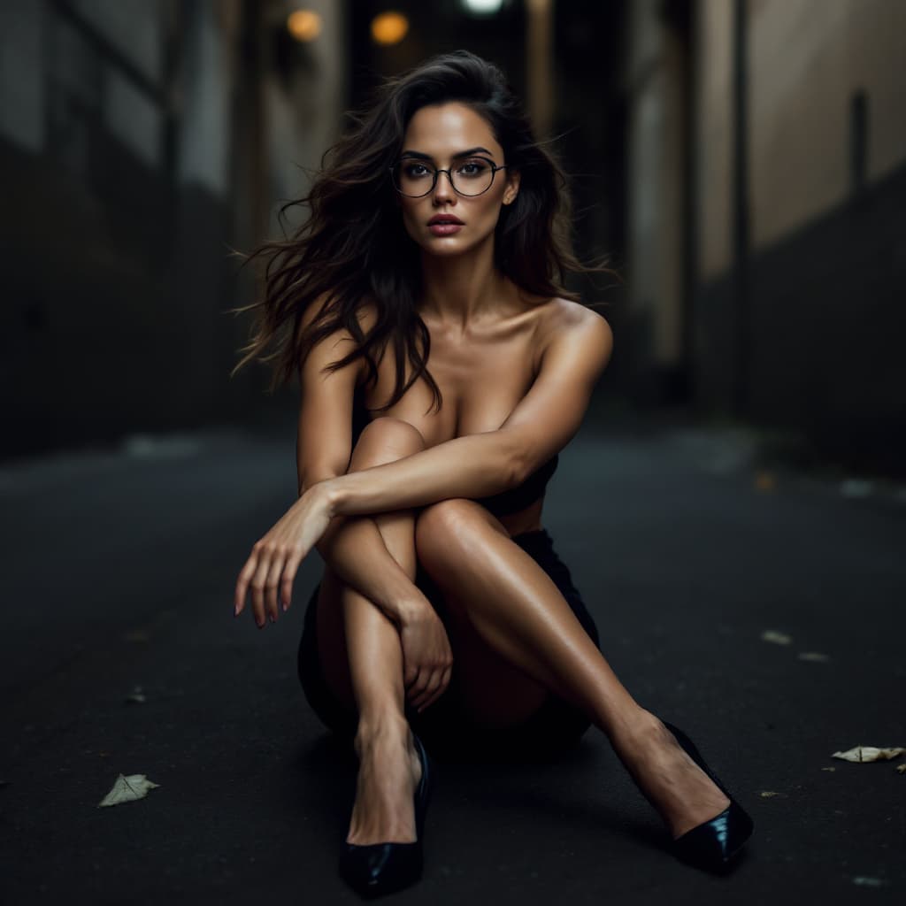AI generated: Gal Gadot wearing a black pencil skirt, black pointy high heels sitting in a dark alley. She is look...