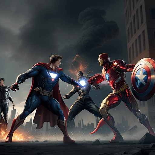 AI generated: avengers and justice league heroes fighting each other, high quality, ultra realistic, 