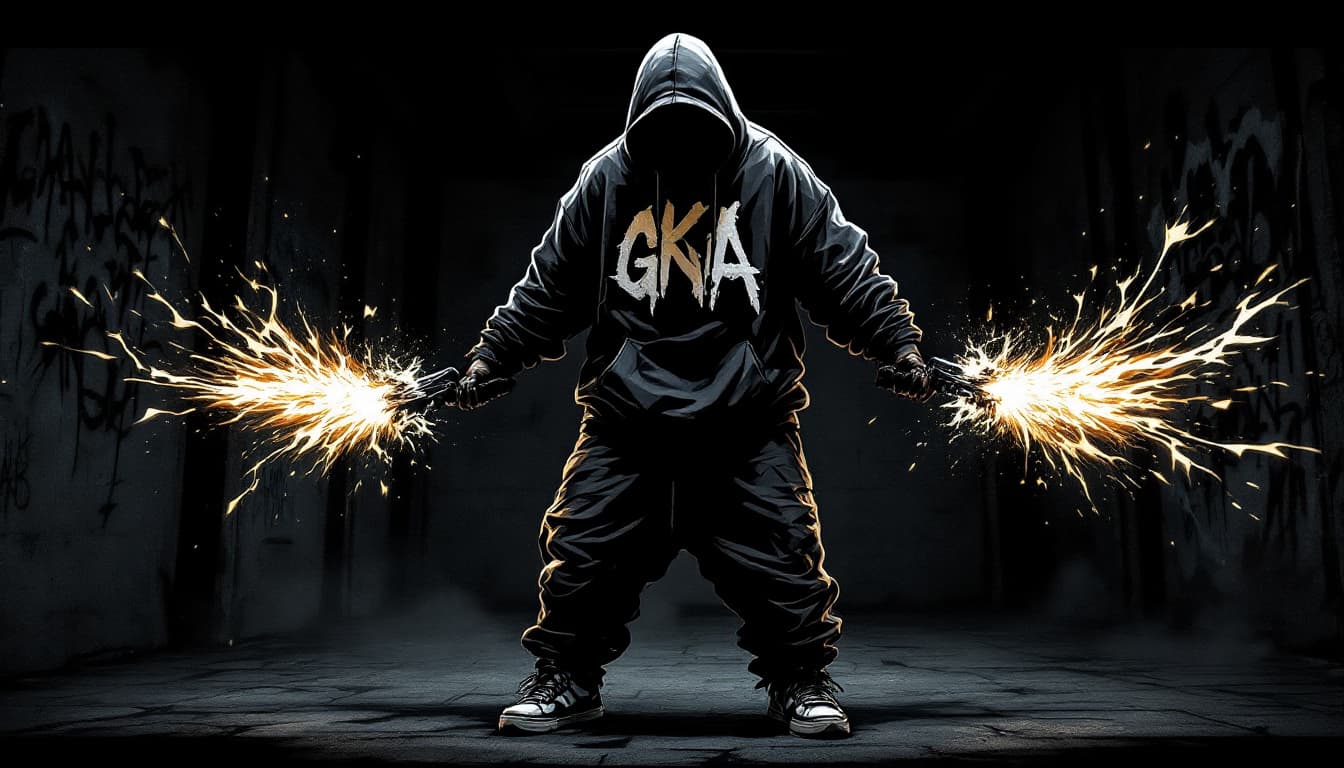 AI generated: A striking, dark illustration in the graffiti style of a hip-hop-, . The character is wearing a hood...