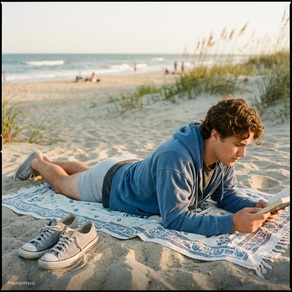 AI generated: A 19-year old college guy naked at the beach with blue hoodie, grey t-shirt, and grey sneakers at th...
