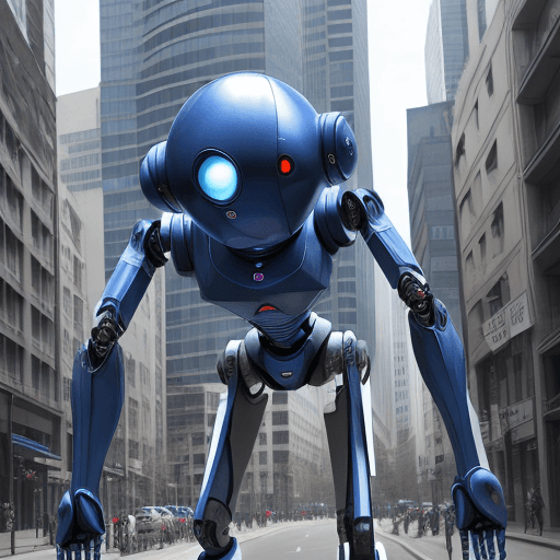 AI generated: arachnid robot, long top droid head, blue & white color, no arms, four long legs, city ambient