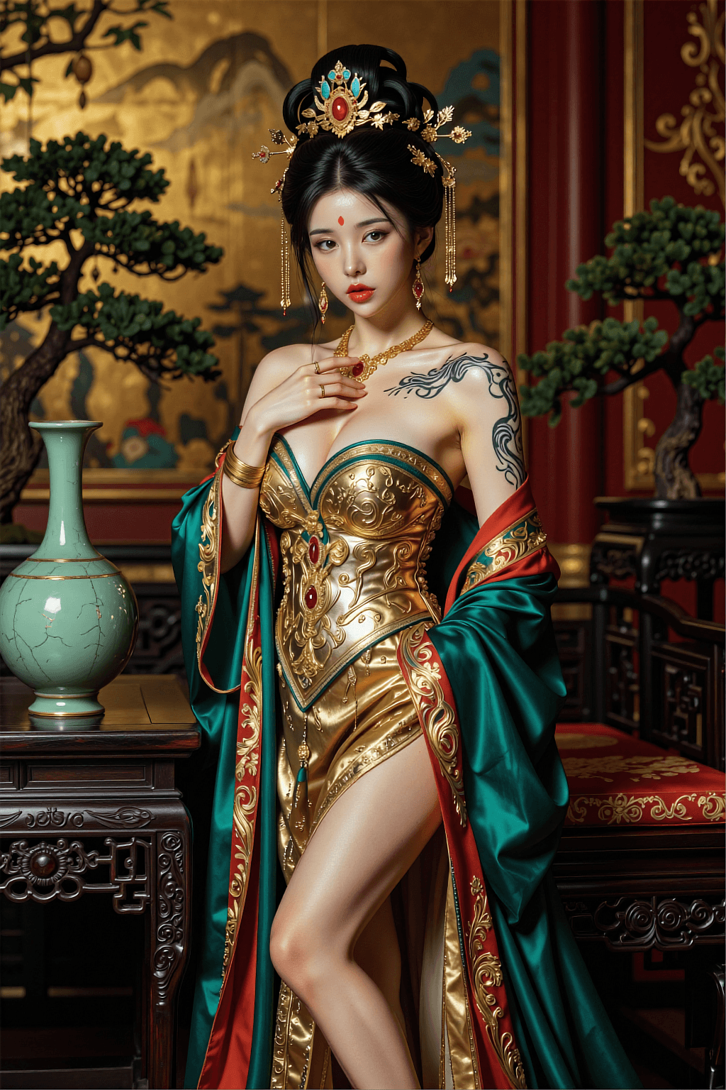 AI generated: A full-body photorealistic portrait of an exquisitely beautiful, regal East Asian noblewoman standin...